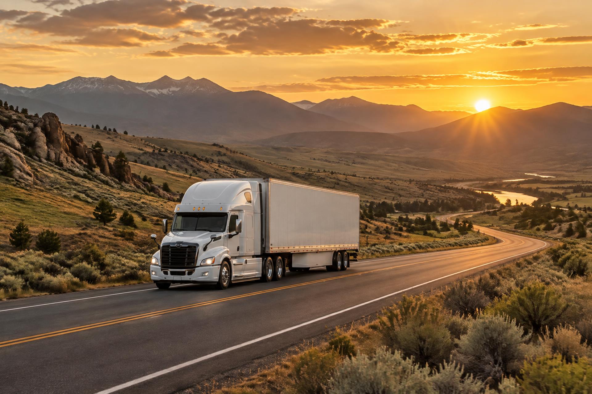 Semi truck traveling along an open highway at sunset
